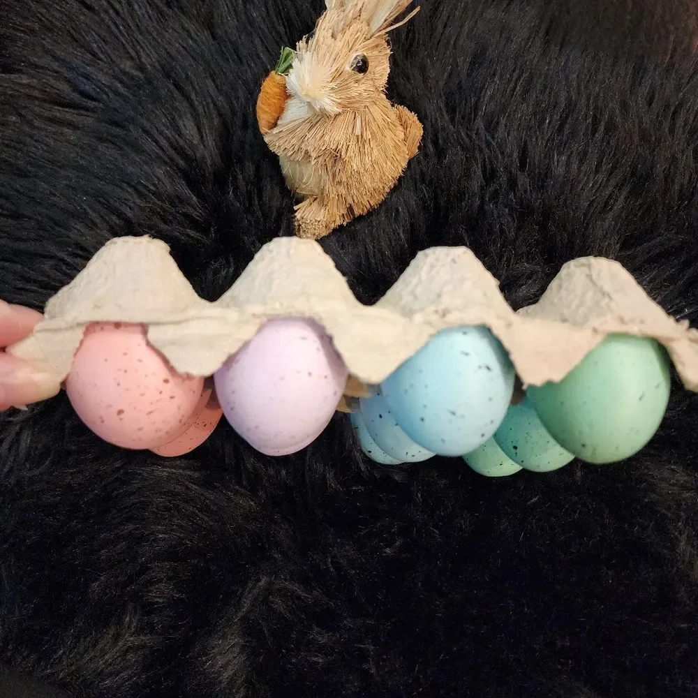 Speckled Dozen of Eggs With Carton Crate and Grass Bunny